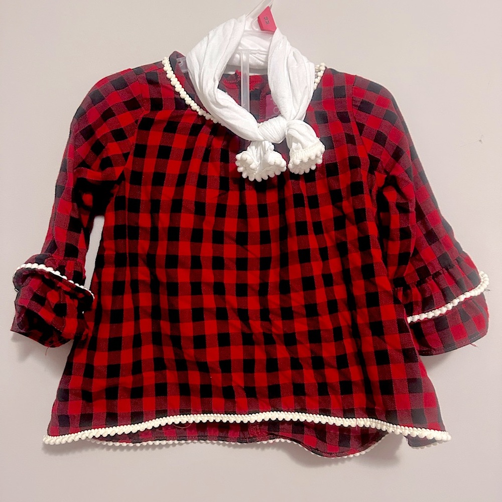 Like new Red &blk w/ white cute ruffles sz 18M fun plaid dress w/wh bow headband
